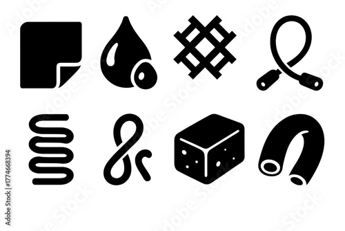 Bold Flexible Materials Icons. Flexible materials set silhouette set: rubber, silicone, mesh fabric, elastic cord, spring, bendable wire, soft foam, flexible tube.