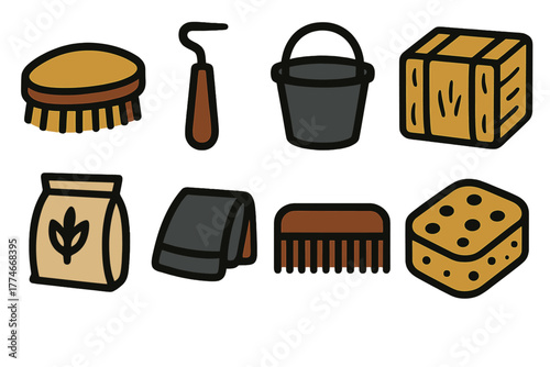 Equestrian Care Icons. Equestrian care items silhouette set: brush, hoof pick, bucket, hay bale, feed bag, blanket, comb, sponge.