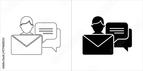 Person icon with email and chat bubble, one in outline and one in solid black