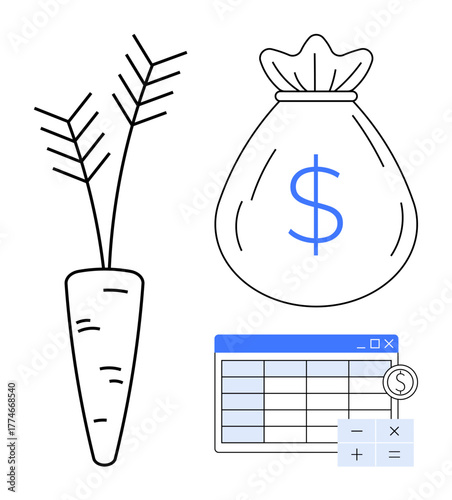 Carrot representing agriculture, money bag symbolizing financial growth, and spreadsheet for calculation. Ideal for farming economy, investment, budgeting, agriculture finance, savings, data