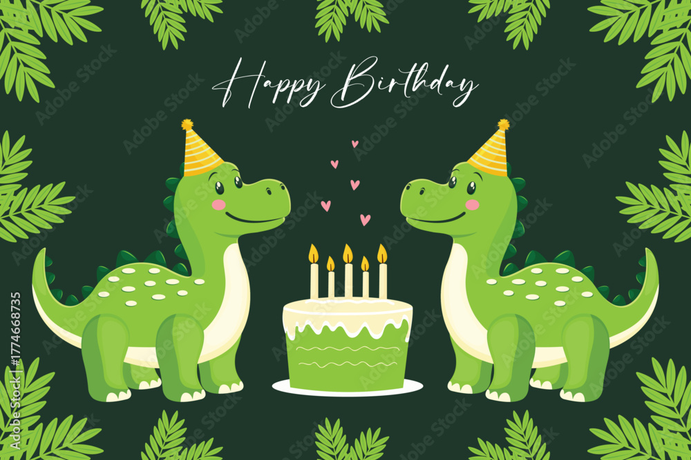 Naklejka premium Cute Dinosaur Birthday Card Vector Jungle Party Celebration.