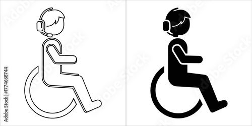 Two icons representing a person in a wheelchair, one in outline and one in solid black