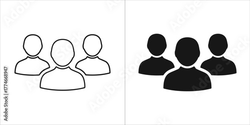 Group of three people icons, outline and filled versions