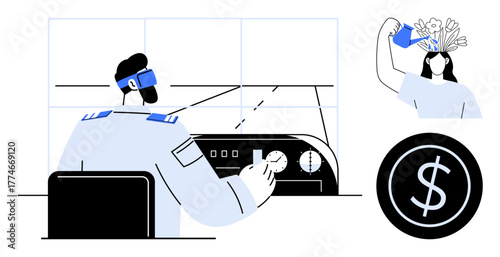 Man using cockpit controls, woman pouring water on blooming flowers growing from head, large dollar sign. Ideal for innovation, leadership, financial growth, mindfulness, sustainability, creativity
