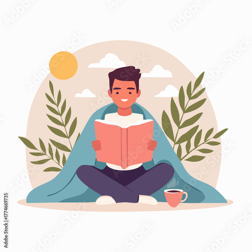 a man in blanket reading a book cozy weekend activity vector
