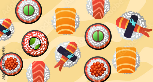 A vibrant and seamless vector illustration of assorted sushi pieces, including nigiri, maki rolls, salmon, roe, and prawn sushi, arranged in a playful repeating pattern.
