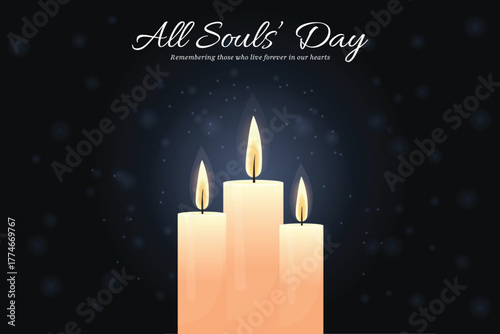 All Souls Day Dark Vector Background with Glowing Candles.