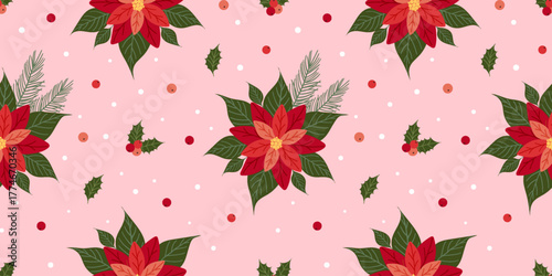 Christmas seamless pattern with Poinsettia flowers, holly plant, red berries and fir branches on pink background. Festive Xmas floral design for wrapping paper, fabric, textile, wallpaper.