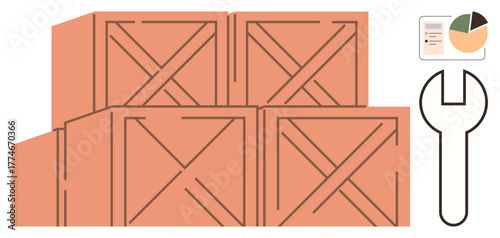 Wooden crates stacked for storage, with a large wrench representing repair, logistics, or maintenance, and a data chart symbolizing inventory tracking. Ideal for supply chain, shipping, warehousing