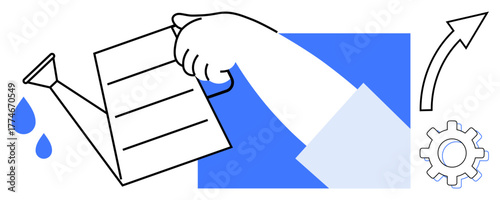 Hand holding a watering can with droplets, arrow rising, and gear representing growth, nurturing, development, and progress. Ideal for business, investment, strategy teamwork support success