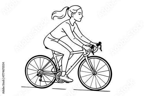 Woman is riding a bicycle. She is wearing a shirt and pants. The bicycle has two wheels
