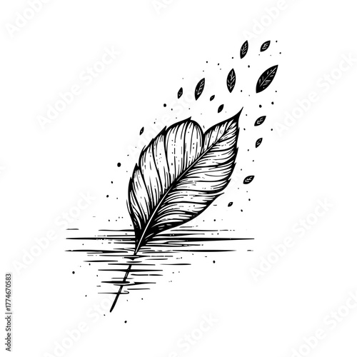 Feather is drawn on a white background. The feather is in the water. The water is rippling
