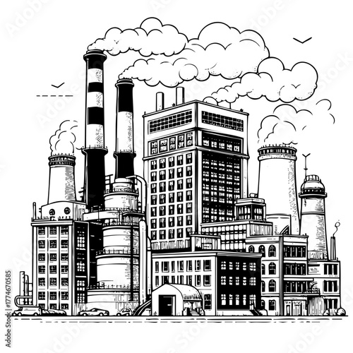 City skyline with a factory in the middle. The factory is emitting smoke. There are many buildings in the city