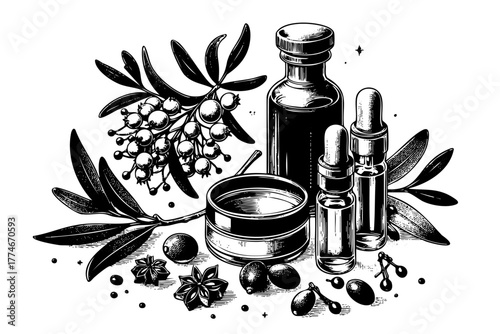 Bottle of olive oil sits on a table next to other bottles and herbs. The bottle of olive oil is positioned on the right side of the table, with a few other bottles and herbs scattered around it