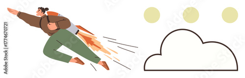 Person using jetpack to soar toward cloud and targets. Ideal for innovation, success, career growth, ambition, achievement, future planning, personal development. Dynamic and simple flat metaphor