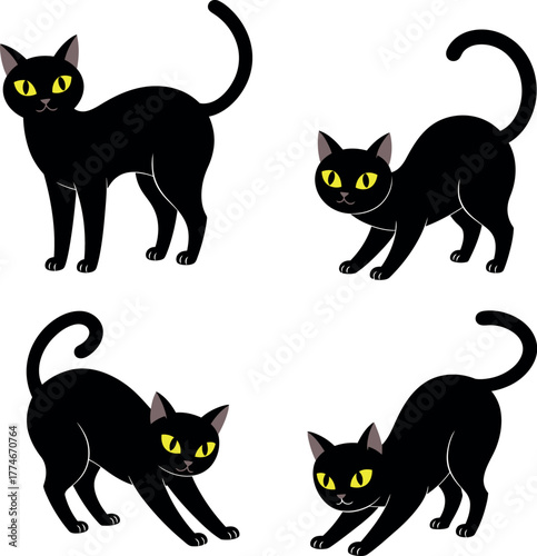 Set of cute black cat, kitten, and feline vector silhouette illustrations for pet, animal, domestic, and Halloween design