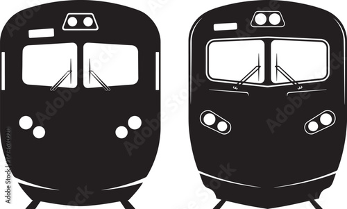 Two train fronts facing forward silhouette