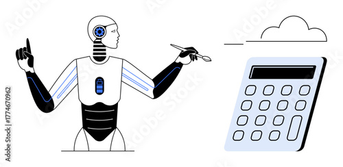 Futuristic robot holding a pen and interacting with a digital calculator beneath a cloud icon. Ideal for AI, automation, technology, cloud computing, innovation, machine learning, and digital