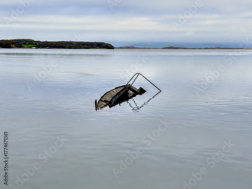 Foto Remains of a sunken boat resting in calm reflective water beneath a soft overcast sky