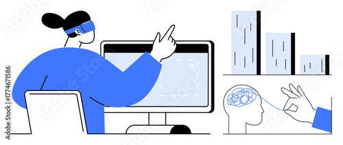 Person using augmented reality with computer and AI concepts, data visualization, brain interaction. Ideal for tech innovation, AI research, education, data science, virtual learning, future