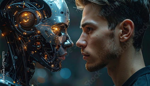 Intense gaze between a human man and a futuristic robot android.