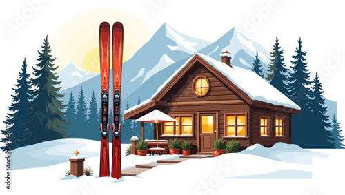 Snowy cabin mountain café with skis outside at sunset, pine trees and mountains in background, concept of winter tranquility and comfort