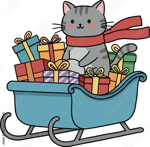 Cute cartoon cat wearing a red scarf in a blue sleigh filled with christmas presents