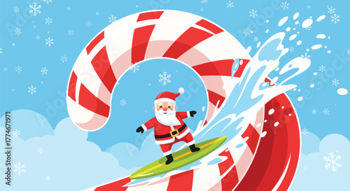 Santa Claus catching a candy cane wave, surfing into the holidays with festive cheer and spreading joy, fun Christmas spirit, holiday season.