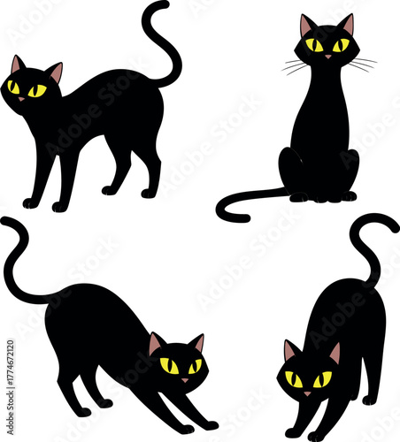Four black cats with bright yellow eyes in different poses on white background