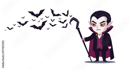 Cartoon vampire character with orange eyes standing and holding a cane with bats flying around him on a white background.