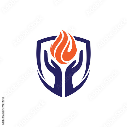Hand logo design with flames in a shield-shaped frame. Hand and fire vector icon