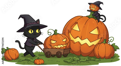 Halloween scene with cartoon black cat and witch pulling jack-o-lantern in a wagon on green grass with large pumpkins.