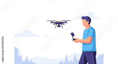Man operating drone with remote control, capturing aerial footage.