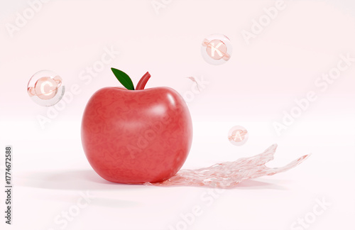 A glossy red apple with a green leaf, surrounded by floating vitamin bubbles (C and K) and a splash of pink liquid. 3d render.