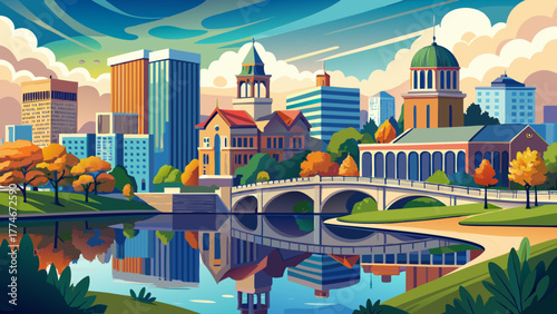 Very beautiful panoramic view of Cedar River and bridges in Cedar Rapids, Iowa, USA, featuring the historic Veterans Memorial Building surrounded by vibrant urban architecture and scenic reflections.