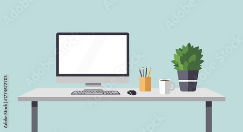 Modern Office Desk Setup with Computer and Plant.