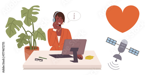 Smiling support agent at desk wearing a headset, computer, plant, heart, satellite. Ideal for communication, customer support, remote work technology teamwork service connection. Simple flat