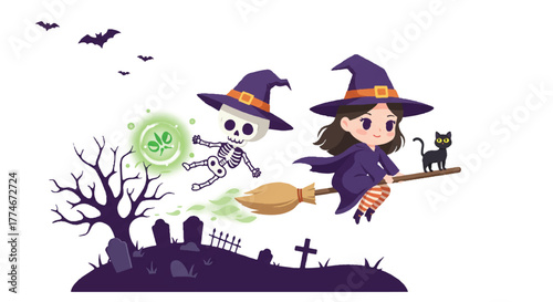 Halloween-themed illustration of a witch and skeleton flying on broomsticks over a spooky graveyard at night