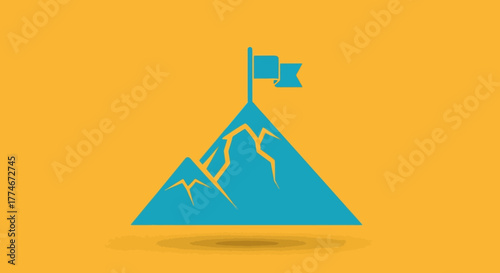 Mountain Peak with Flag Symbolizing Achievement and Success.