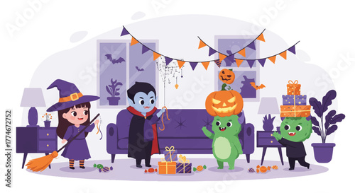 Flat illustration of children in Halloween costumes playing in a decorated living room with a festive mood.