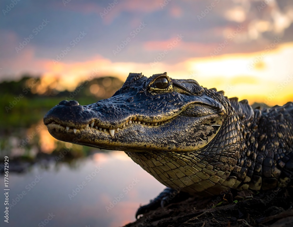 Fototapeta premium Alligator close-up with blurred landscape at sunrise/sunset