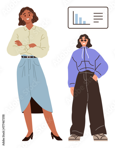 Two confident individuals in modern clothing stand near a graph presentation. Ideal for teamwork, business growth, career development, workplace culture, leadership, professionalism, and visual data