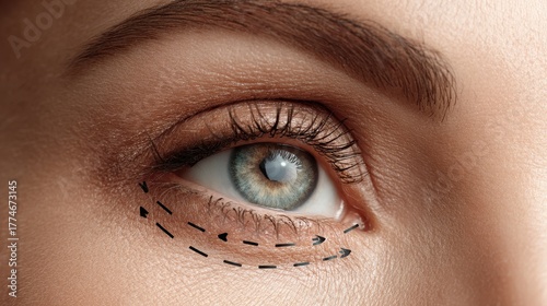 Closeup view highlighting eye during blepharoplasty with marked arrows indicating desired surgical adjustments for aesthetic improvement