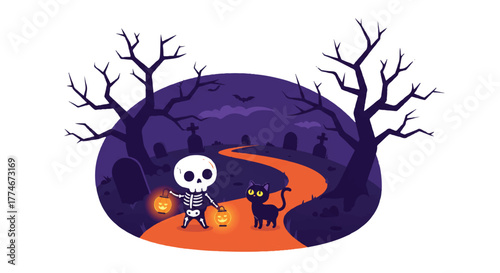 Illustration of a skeleton and a black cat walking on an orange path in a spooky purple forest with bare trees and jack-o-lanterns.