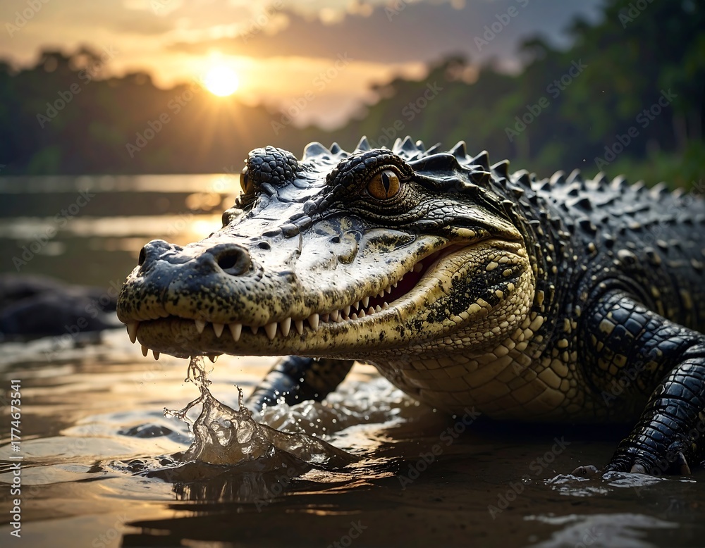 Fototapeta premium Alligator emerges from river at sunset with lush, green jungle in the background