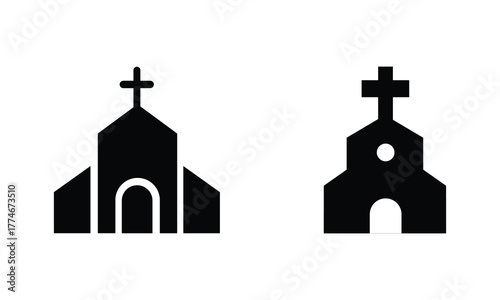 Black church icon silhouettes with crosses on rooftops representing religion, architecture, worship, and spirituality concepts, ideal for design elements, symbols, or religious illustrations.