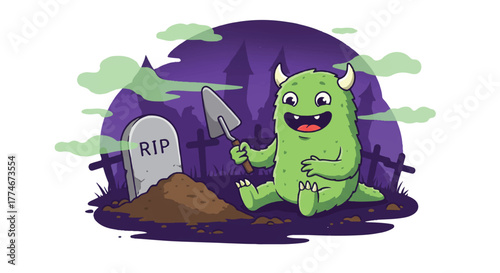 A cartoon green monster holding a shovel next to a gravestone on a spooky purple night background.