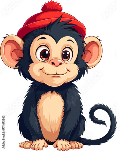 A charming cartoon illustration of a cute monkey wearing a red hat and smiling warmly, ideal for children’s artwork, jungle themes, character design, educational graphics, and playful animal-based cre