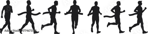 Running silhouette sequence, athlete jogging motion, human biomechanics, sports training concept, fitness exercise illustration, dynamic runner posture, marathon preparation,