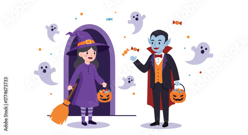 Illustration of a girl in a witch costume and a boy in a vampire costume trick-or-treating on Halloween with ghosts and candy.